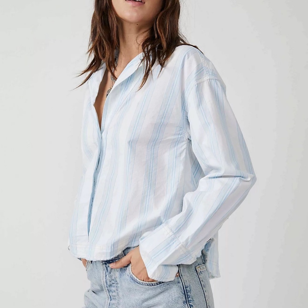 We The Free Button Down Striped Light Blue White Kelia Trapeze Boho Shirt Medium - Picture 2 of 16